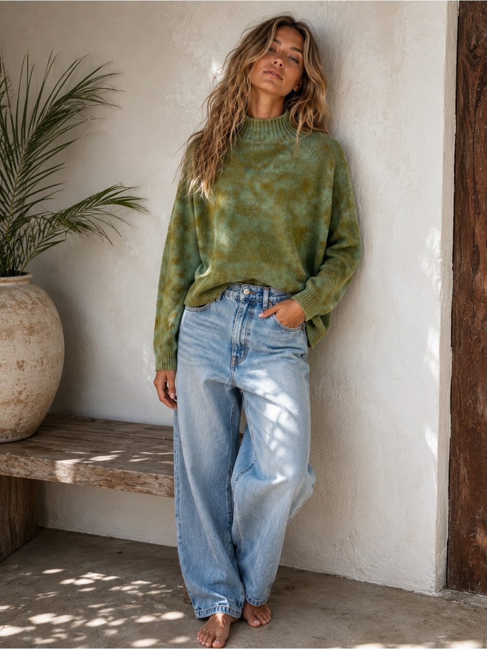 Love Tanjane 100% Cashmere Green Tie Dye Mock Neck Sweater